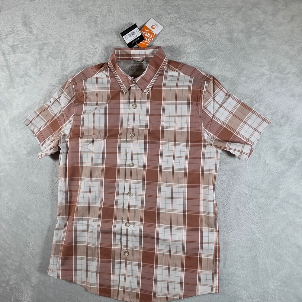 Eddie Bauer Men's‎ M Voyager Flex Short Sleeve Plaid Button Up Shirt Cocoa